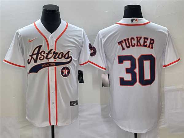 Men%27s Houston Astros #30 Kyle Tucker White With Patch Cool Base Stitched Baseball Jersey